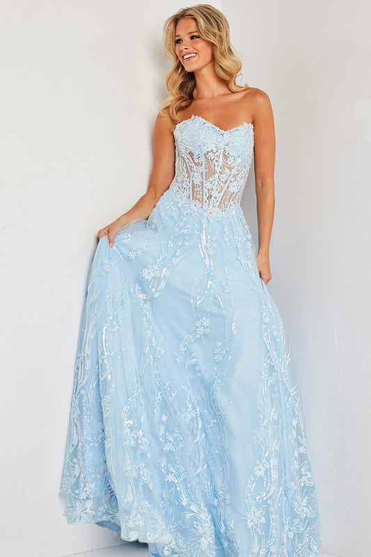 Step into elegance with our JVN12254 Sky Blue prom dress. This stunning A-line gown features a strapless lace sweetheart neckline and a sheer corset bodice, creating a flattering and feminine silhouette. Perfect for any special occasion, this dress exudes sophistication and grace.