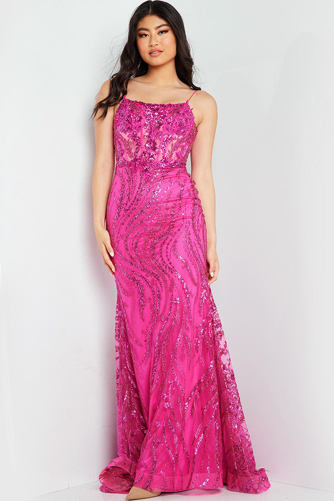 Jovani JVN23250 Sequined long prom dress fitted with train