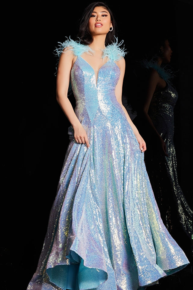Jovani JVN24164 Size 8 Blue Prom Dress Feather Sequin Jovani JVN24164 Size 8 Blue Prom Dress Feather Sequin