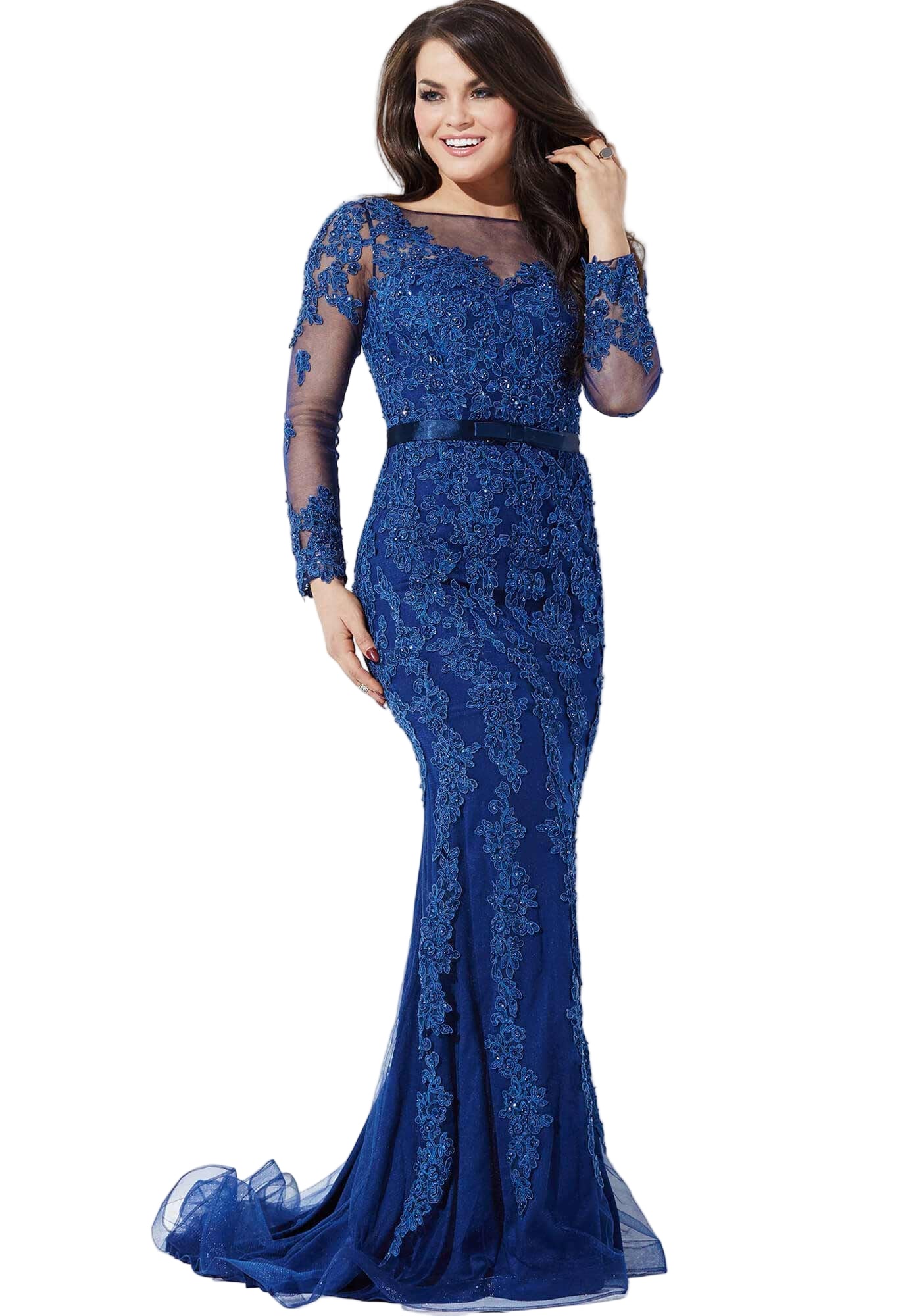Jovani JVN36962 Size 10 Navy Formal Dress Sheer Lace Long Sleeve Mothe Glass Slipper Formals Jovani JVN36962 Size 10 Navy Formal Dress Sheer Lace Long Sleeve Mothe Glass Slipper Formals