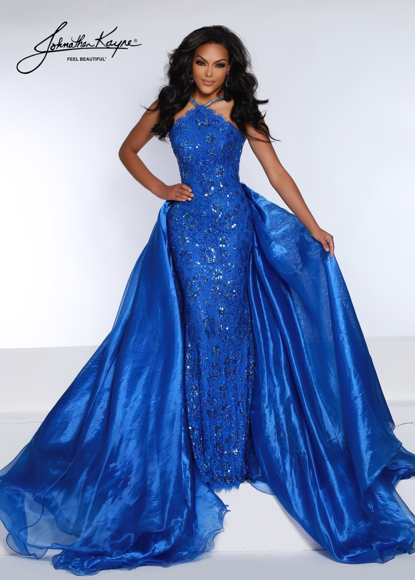 high neckline evening dress GLS Navy Beaded Neck Gown - 2XL size formal dresses with open backs and tight long evening gowns for prom. Johnathan Kayne 2618 Long Pageant