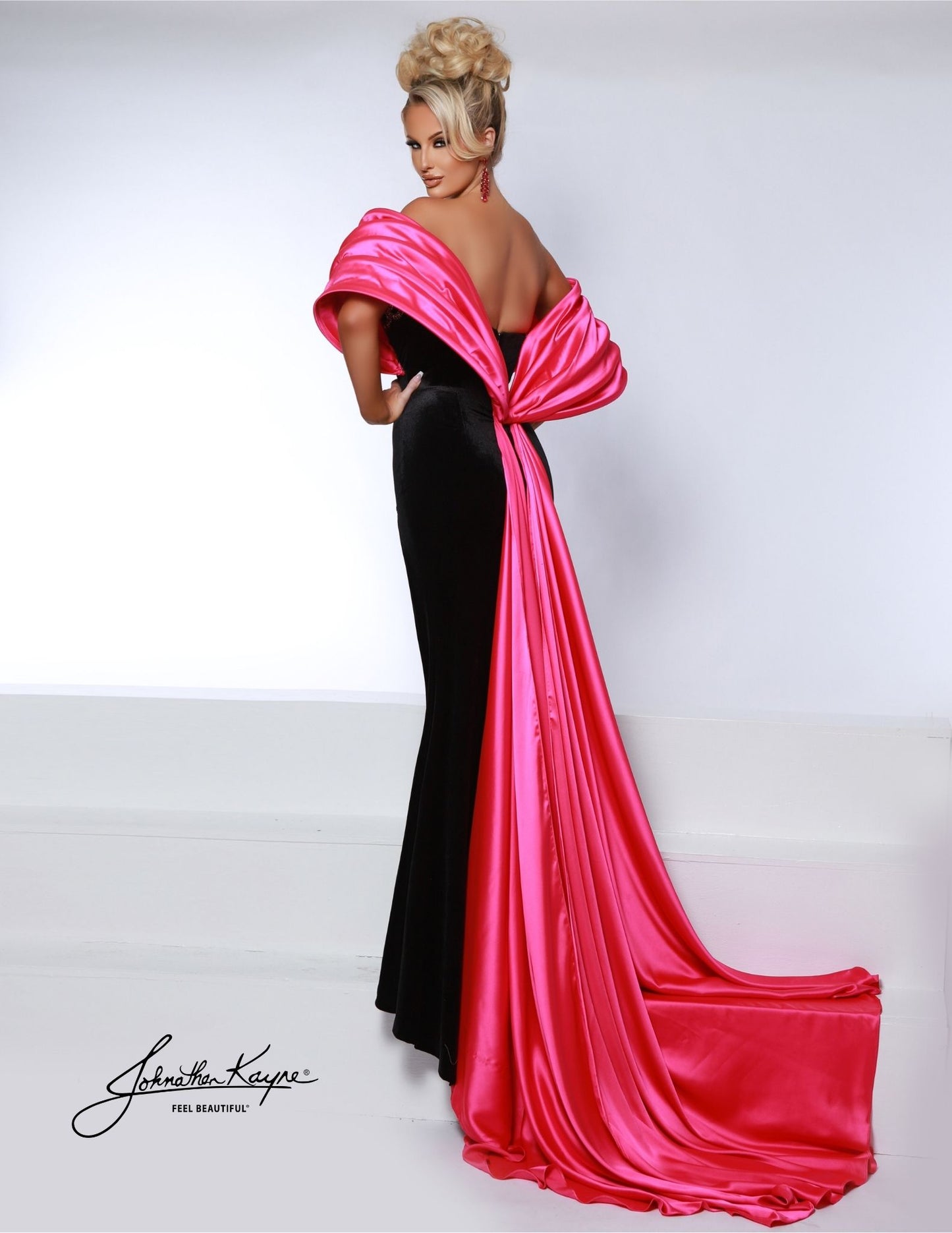 Johnathan Kayne 2913 black hot pink strapless stretch velvet fitted gown detachable bow