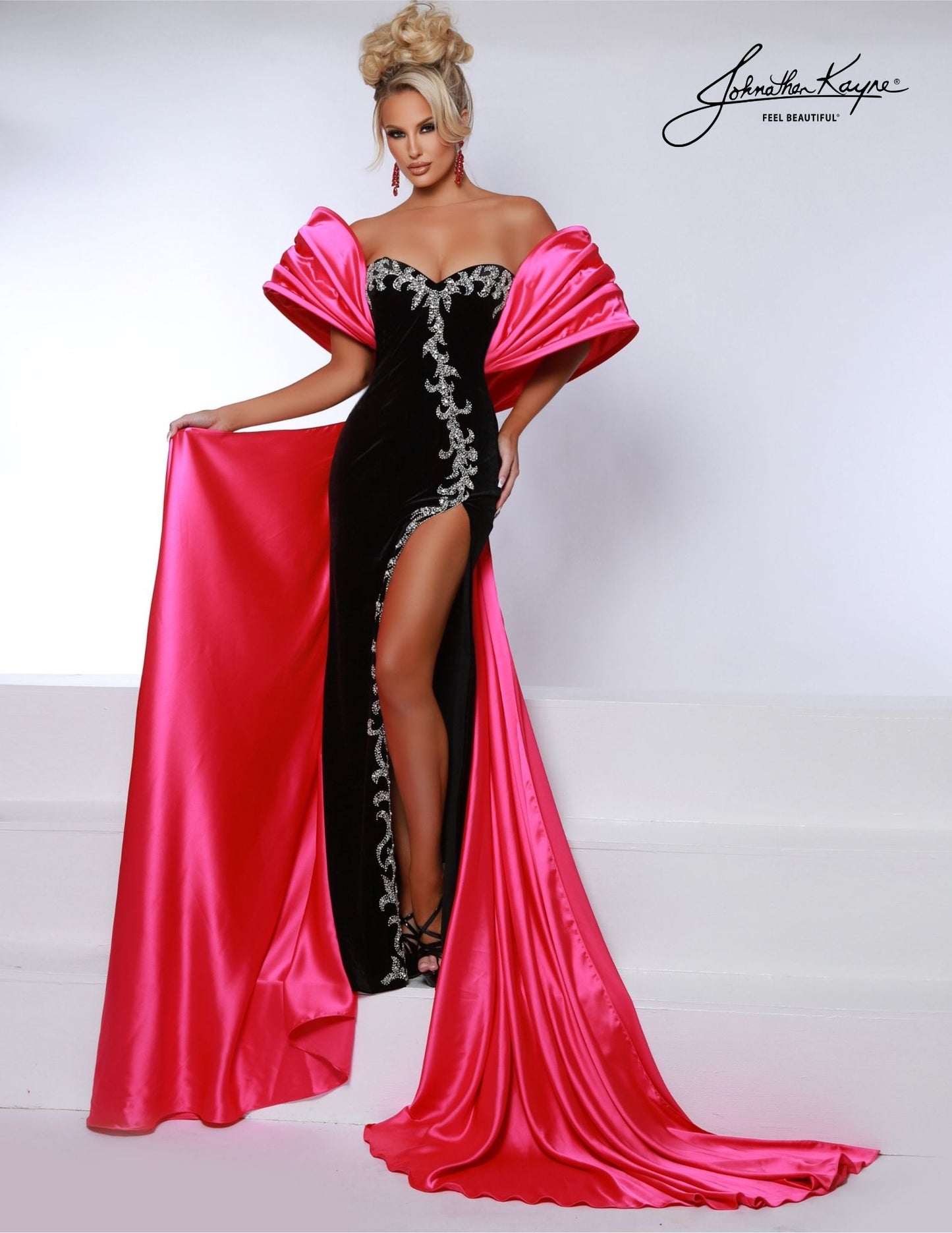 Johnathan Kayne 2913 black hot pink strapless stretch velvet fitted gown detachable bow slit beaded applique large standout sleeves front