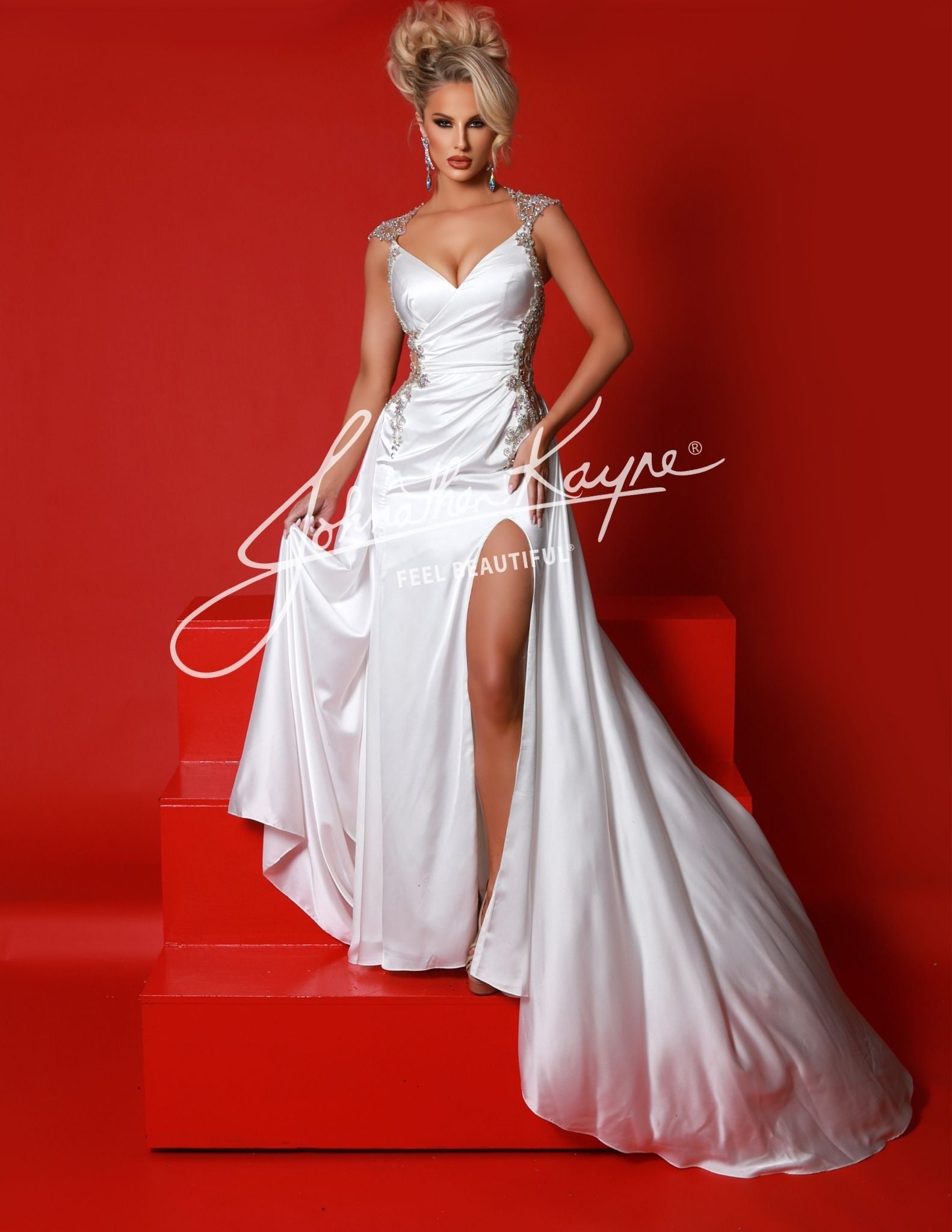 Johnathan Kayne 2934 White Pageant Gown size 8 Sheer Beaded Back Prom Evening Dress Satin Wrap Cap Sleeve Slit Johnathan Kayne 2934 White Pageant Gown size 8 Sheer Beaded Back Prom Evening Dress Satin Wrap Cap Sleeve Slit