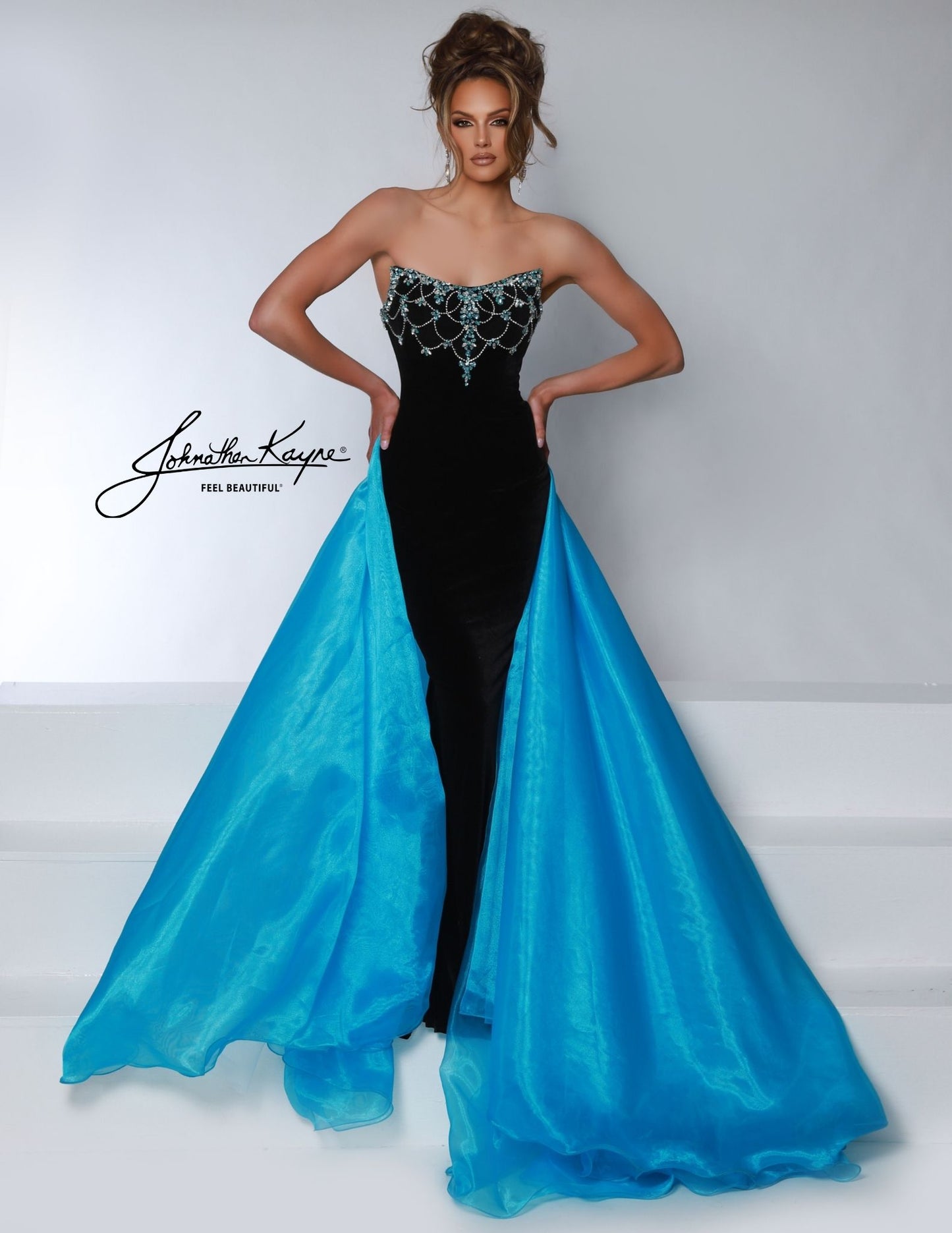 Johnathan Kayne 2945 Black Turquoise Velvet Evening Pageant Dress Strapless Crystals Overskirt