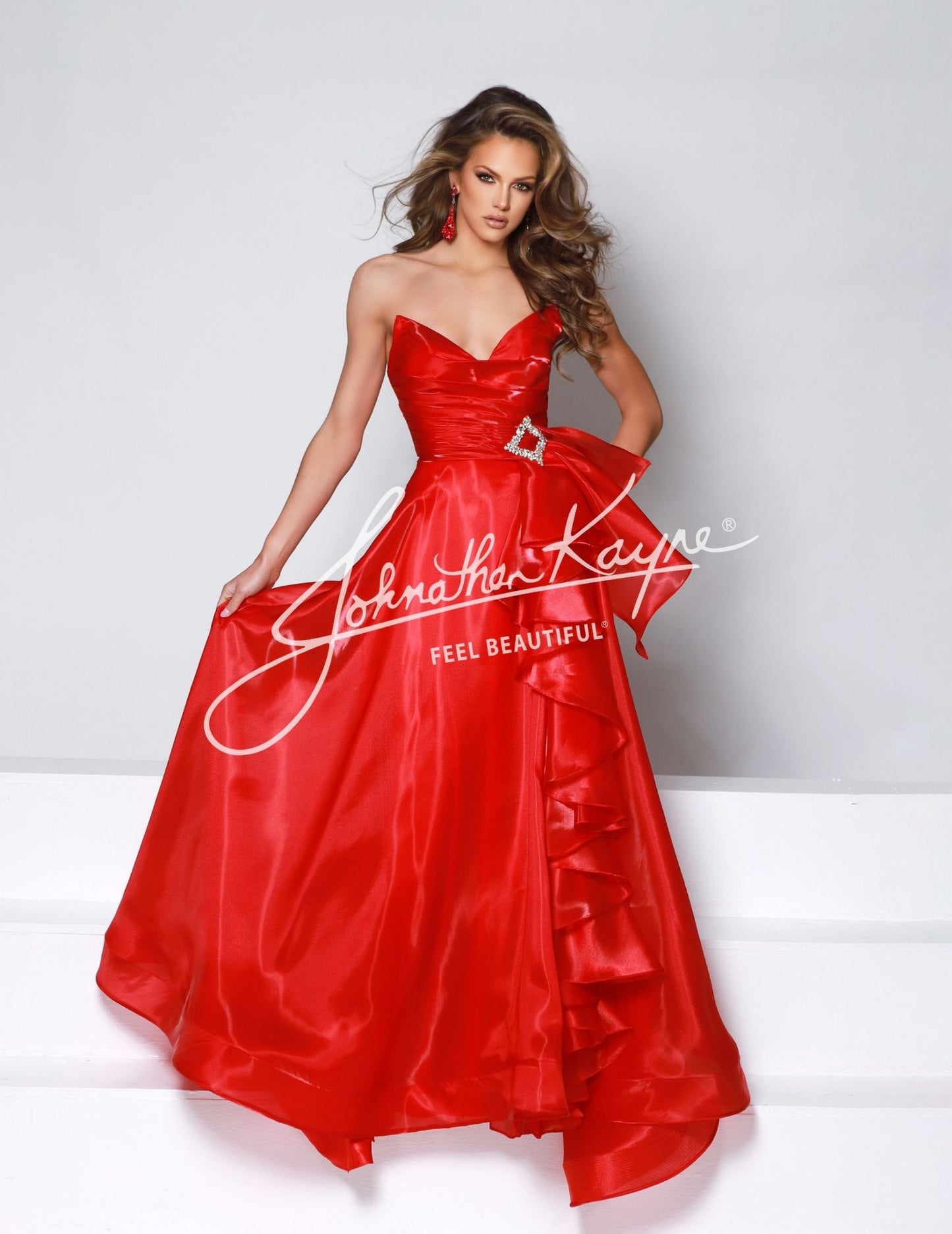 Johnathan Kayne 2962 cherry red mirror organza ballgown pointed sweetheart neckline crystal belt ruffles