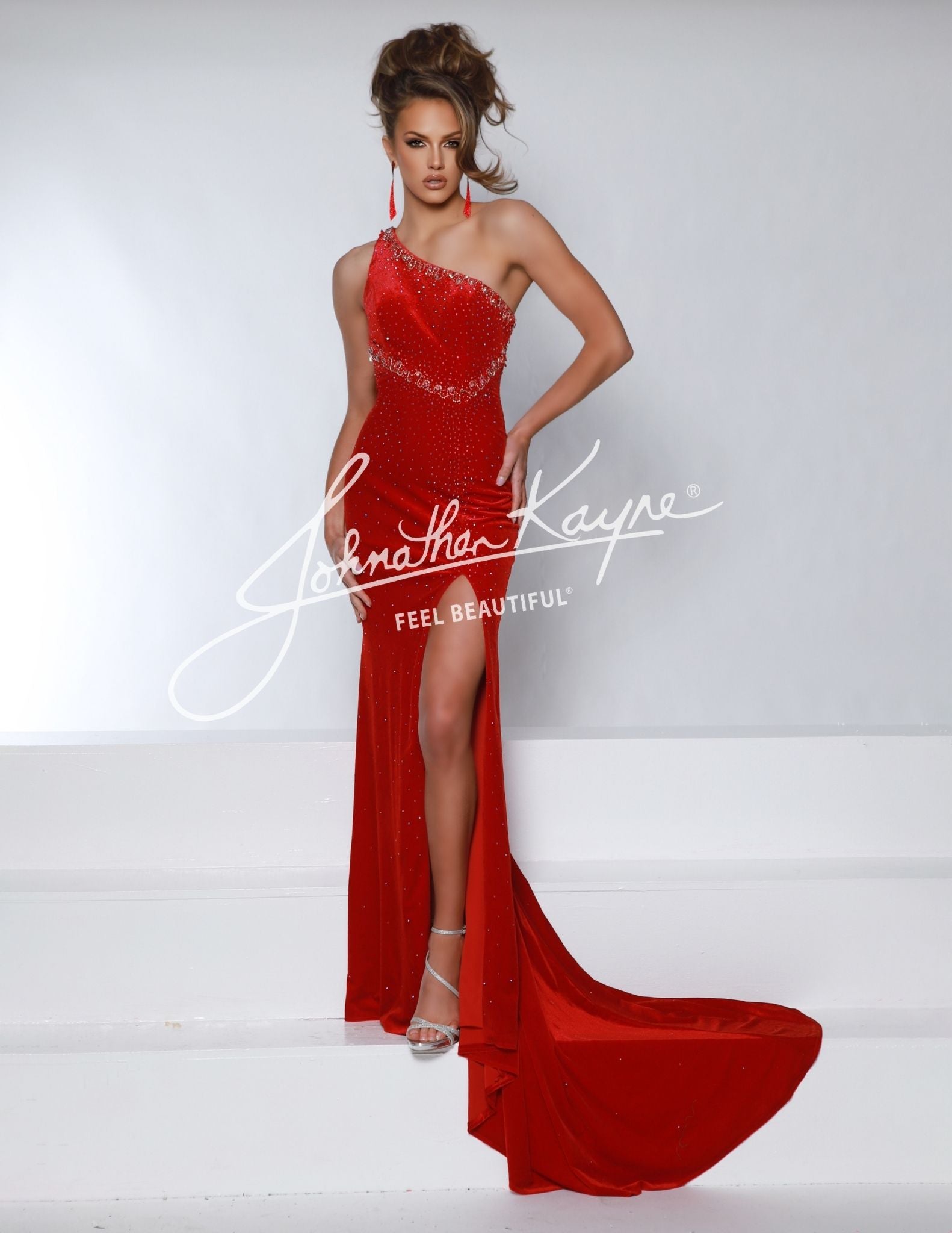 Johnathan Kayne 2963 Size 4 Red Velvet One Shoulder Pageant Dress Cape Cutout Back Slit Formal Gown Johnathan Kayne 2963 Size 4 Red Velvet One Shoulder Pageant Dress Cape Cutout Back Slit Formal Gown