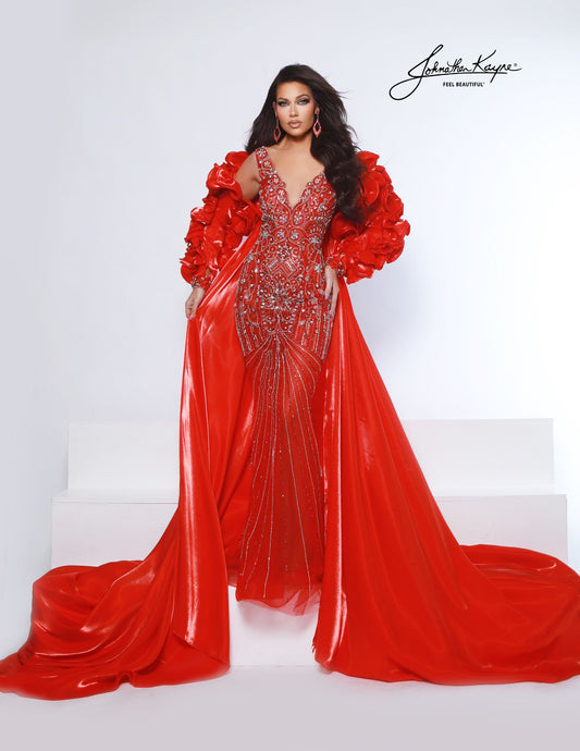 Johnathan Kayne 3084 Red Fully Beaded Evening Gown Scalloped V Neckline Mirror Organza Bolero Cape Pageant Dress