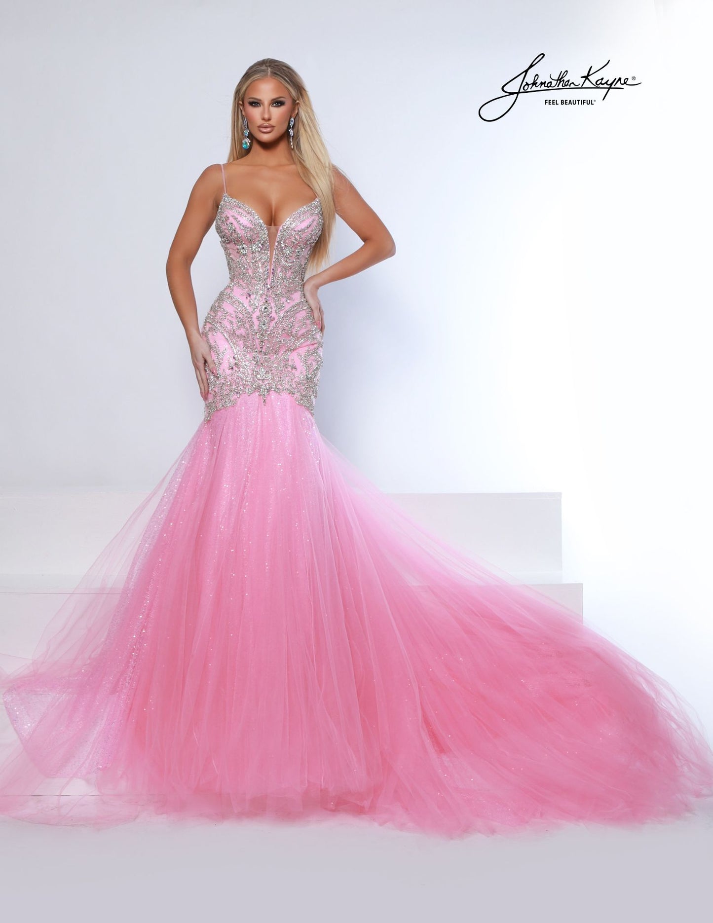 Johnathan Kayne 3128 bubblegum pink beaded mermaid formal pageant dress evening gown plunging neckline