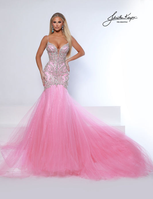 Johnathan Kayne 3128 bubblegum pink beaded mermaid formal pageant dress evening gown plunging neckline