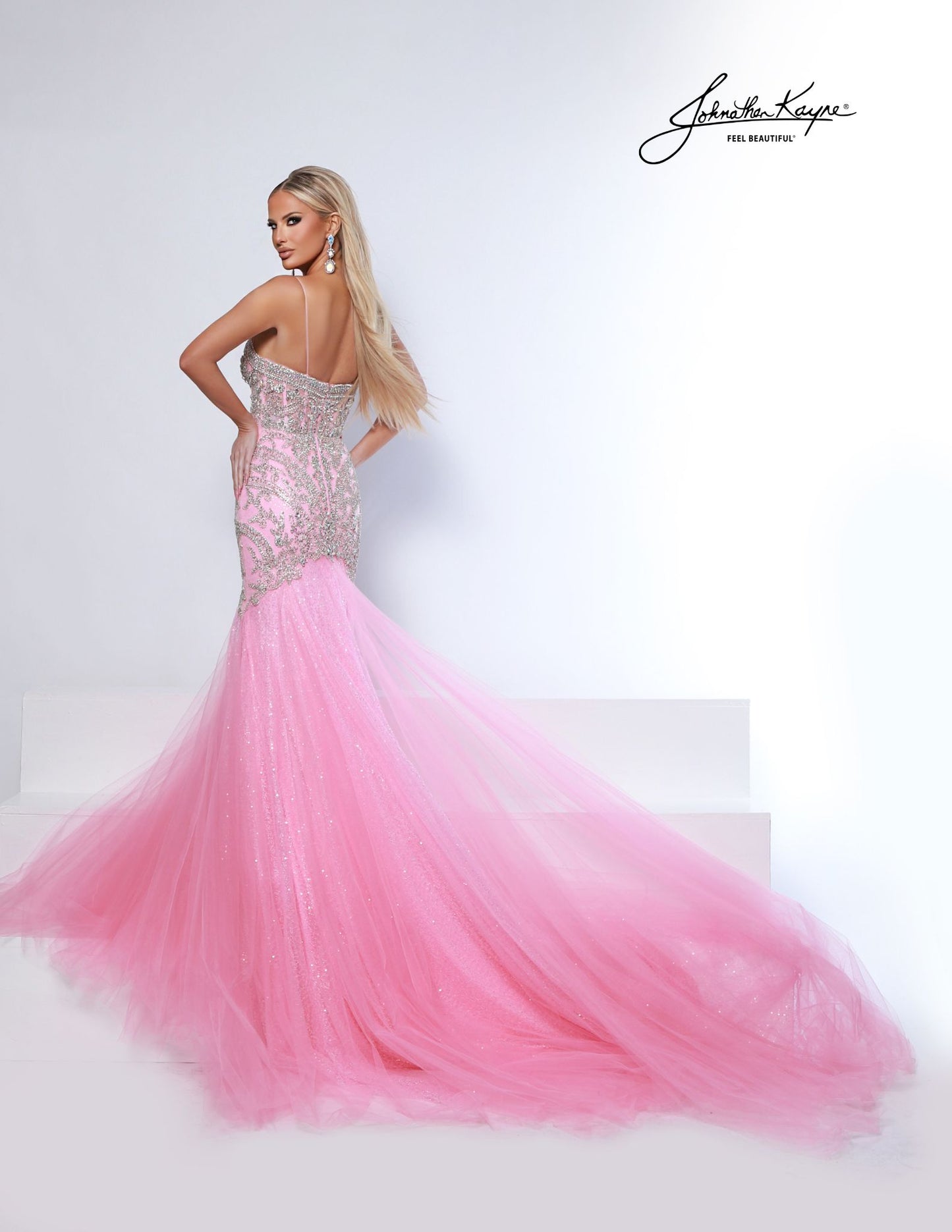 Johnathan Kayne 3128 bubblegum pink beaded mermaid formal pageant dress evening gown plunging neckline