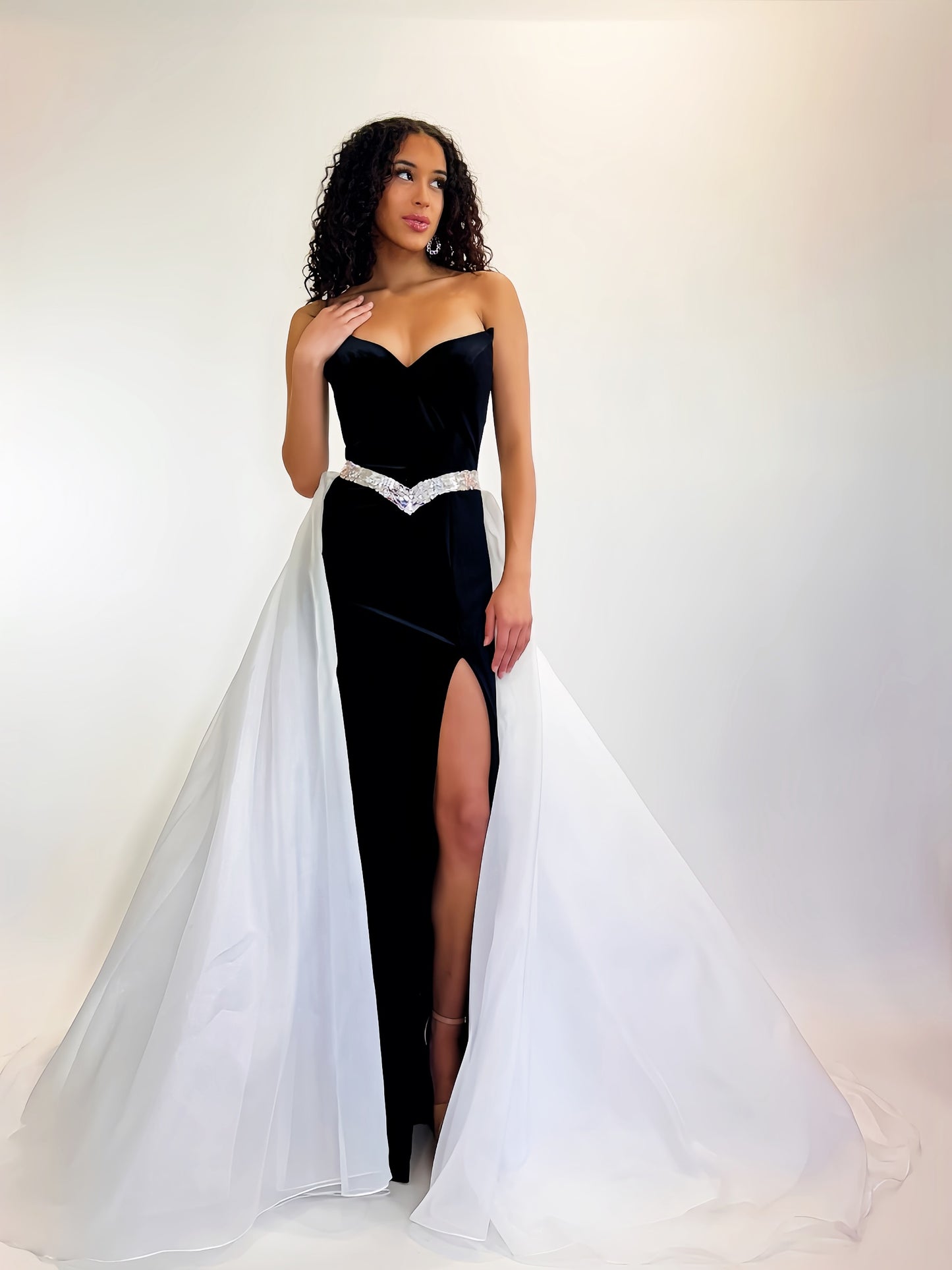 Johnathan Kayne 3132 black white formal evening pageant dress sweetheart neckline crystal princess seam belt overskirt high slit