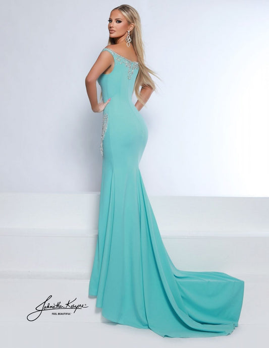 Johnathan Kayne 3139 sky blue off the shoulder fitted stretch crepe evening gown fringe crystals