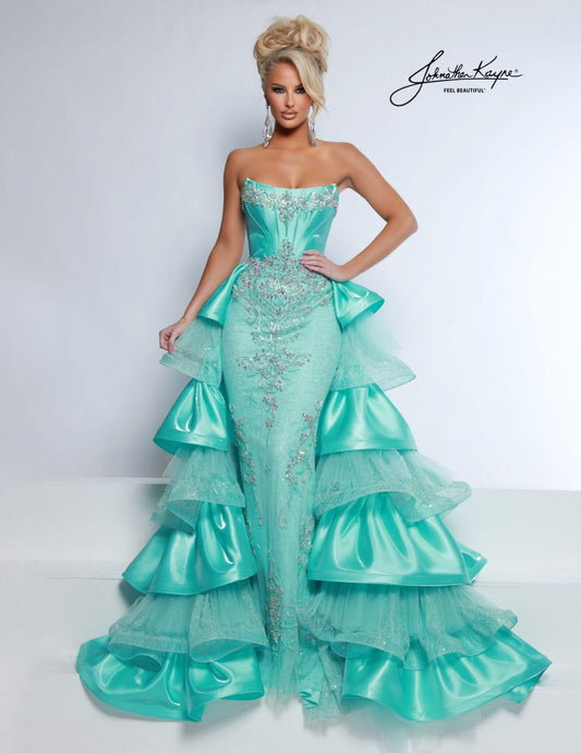 Johnathan Kayne 3142 aqua strapless fitted shimmer satin lace gown corset scoop neckline ruffle overskirt