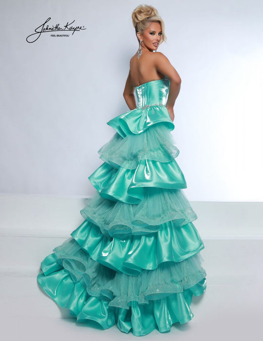 Johnathan Kayne 3142 aqua strapless fitted shimmer satin lace gown corset scoop neckline ruffle overskirt