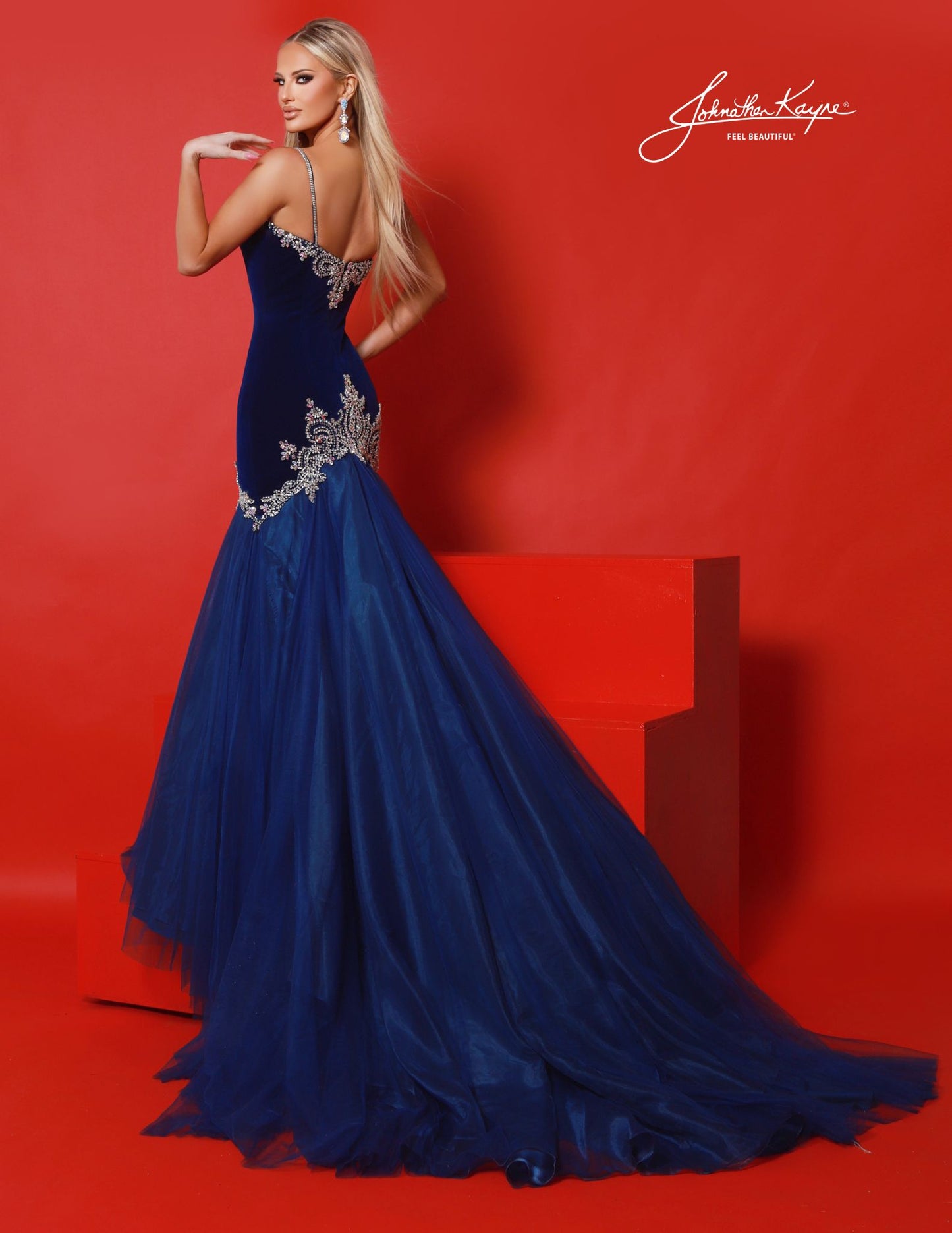 Johnathan Kayne 3148 Velvet Evening Gown Deep V Neckline Crystals Fit and Flare Train