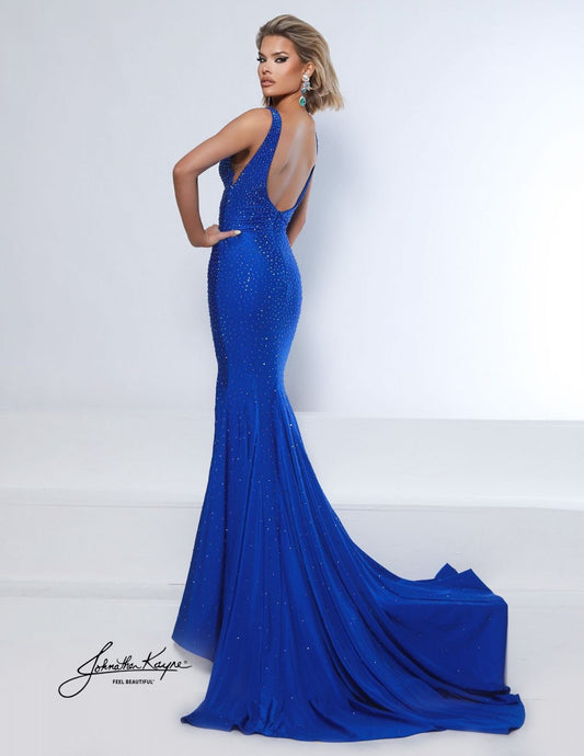 Johnathan Kayne 9213A royal volcano fitted 4-way stretch lycra formal dress deep v neckline allover rhinestones train high slit