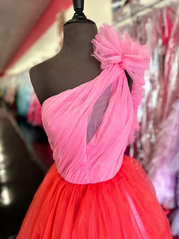 Johnathan Kayne 2024 Size 4 Pink Multi Ruffle Ombre Layer A Line Dress One Shoulder Maxi Slit Pageant Gown