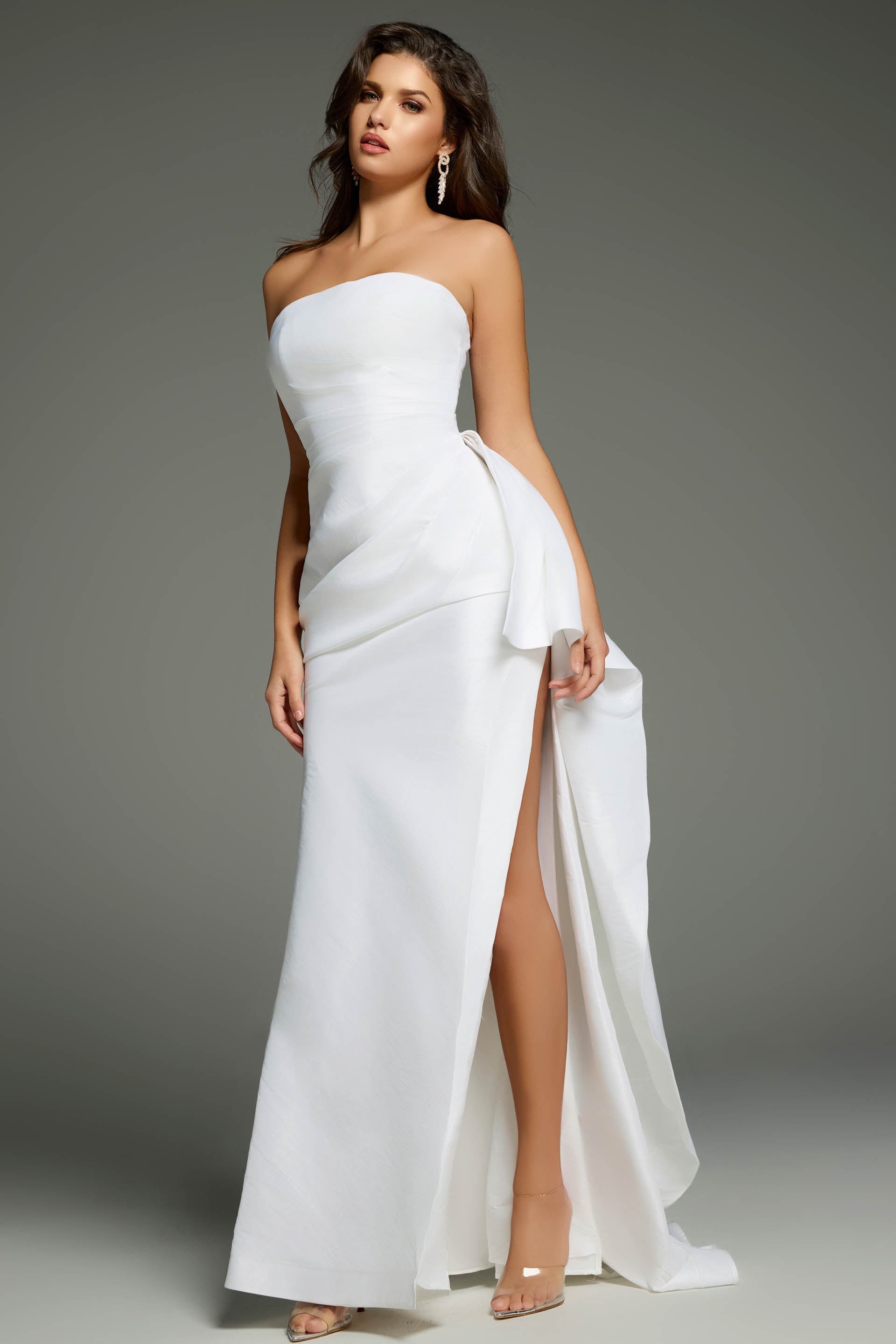 Jovani 36854 Long Prom Dress Fitted Strapless Pleated Bodice Side Ruffle High Slit Formal Pageant Gown Jovani 36854 Long Prom Dress Fitted Strapless Pleated Bodice Side Ruffle High Slit Formal Pageant Gown