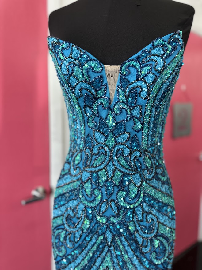 Jovani 38707 Size 0 Turquoise Beaded Strapless Peak Point Prom Dress M Glass Slipper Formals Jovani 38707 Size 0 Turquoise Beaded Strapless Peak Point Prom Dress M Glass Slipper Formals