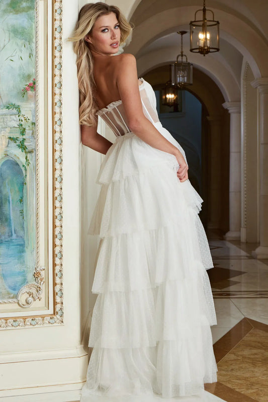 Jovani 45859 Tiered Tulle Gown With Sheer Corset Bodice Ruffle Trimmed Sweetheart Neckline