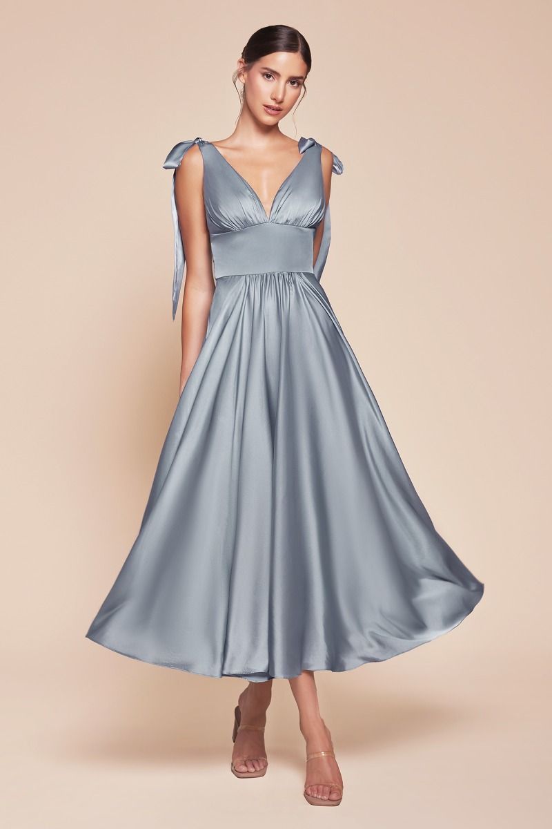 green emerald velvet dress Ladivine 7499 Tea Length A Line Soft Satin Dress, Dusty Blue / 6