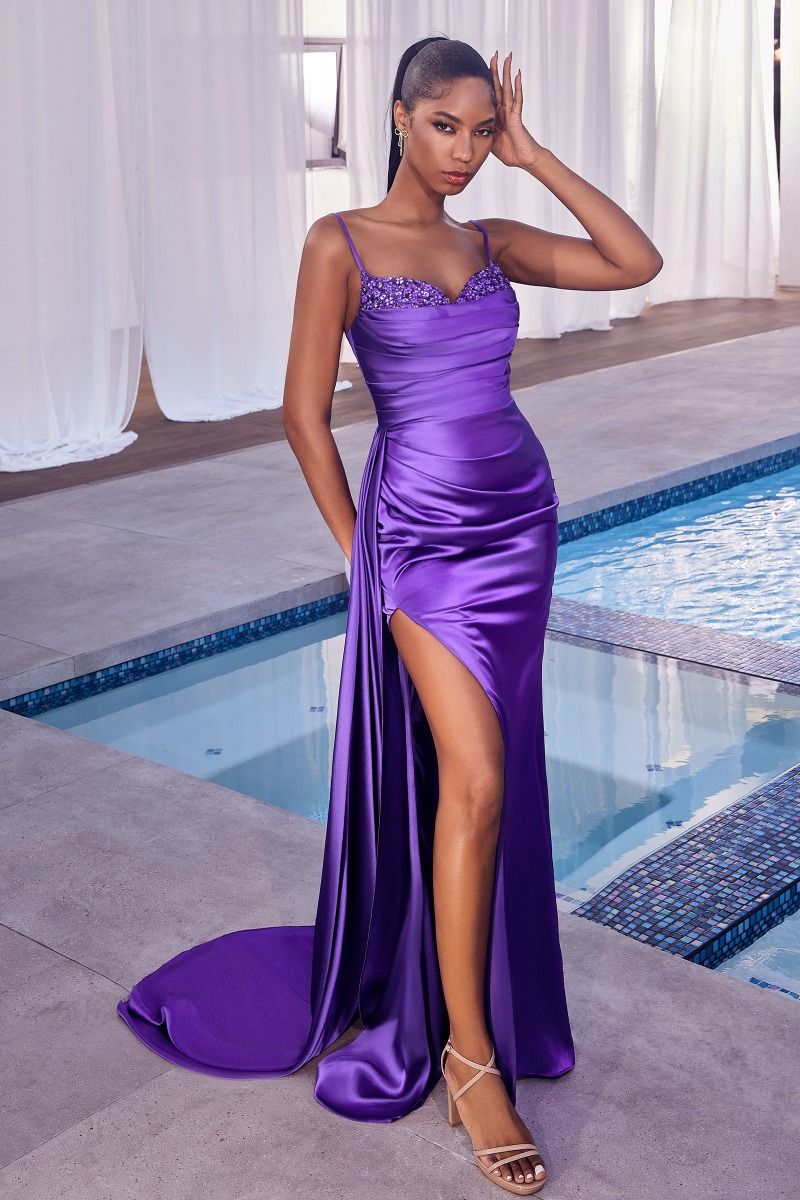 Ladivine CD340 Size 10 Nova Purple Long Satin Overskirt Prom Dress Formal Pageant Gown fitted ruched Ladivine CD340 Size 10 Nova Purple Long Satin Overskirt Prom Dress Formal Pageant Gown fitted ruched