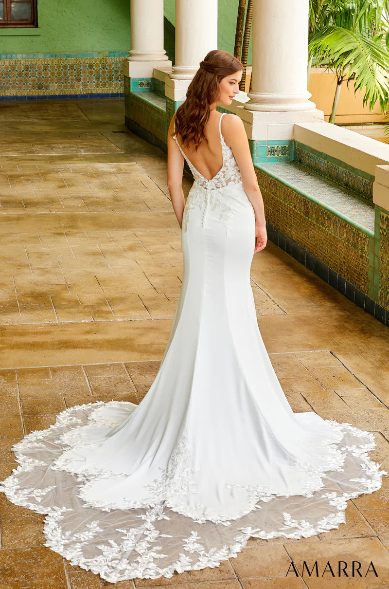 Amarra Bridal 84390 Liliana A-Line Sheer Floral Bodice V-Neck Spaghetti Straps Open Back Train Wedding Gown. For the bride who’s looking for a trumpet-style wedding dress that turns heads and draws eyes, Liliana may be the perfect gown. 
