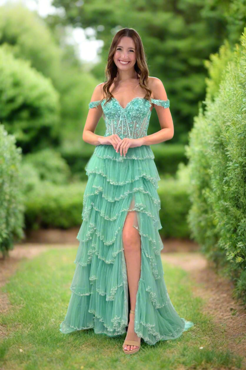 Lucci Lu 1432 Size 4, 12 Sage Beaded Layered Prom Dress Maxi Slit Lace Sheer Corset Formal Pageant Gown