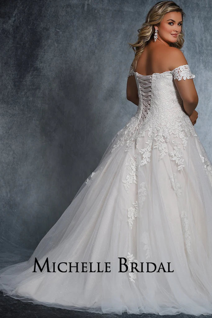 Michelle Bridal For Sydney's Closet MB2102 Ballgown Silhouette Soft Bridal Tulle Over Embossed Tulle With Floral Pattern Beading Embroidered Lace Appliques Clear Sequins Sweetheart Neckline Off-The-Shoulder Lace Straps Plus Size "Faith" Bridal Dress. 