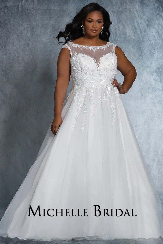 Sleeveless V-neck Embroidered Lace Wedding Dress With Illusion Back