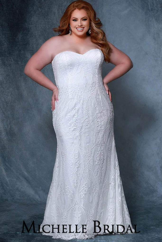 Michelle Bridal For Sydney's Closet MB2203 Fitted Silhouette Optional Lace Straps Contemporary Crochet Stretch Lace Ivory Tulle Plus Size "Margaux" Bridal Gown. 