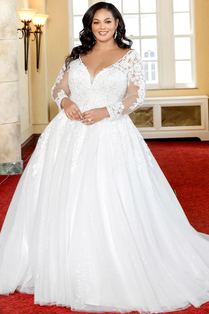 wedding dresses A-line V-Neck long sleeve lace applique tulle