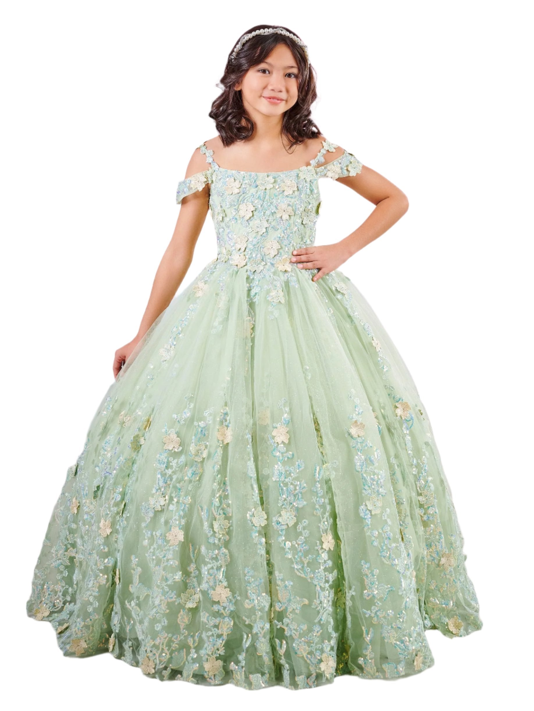 Tiffany 80002MQ Girls 3D Lace Shimmer Pageant Dress off the shoulder Mini Quince Gown 16 / Sky Tiffany 80002MQ Girls 3D Lace Shimmer Pageant Dress off the shoulder Mini Quince Gown 16 / Sky