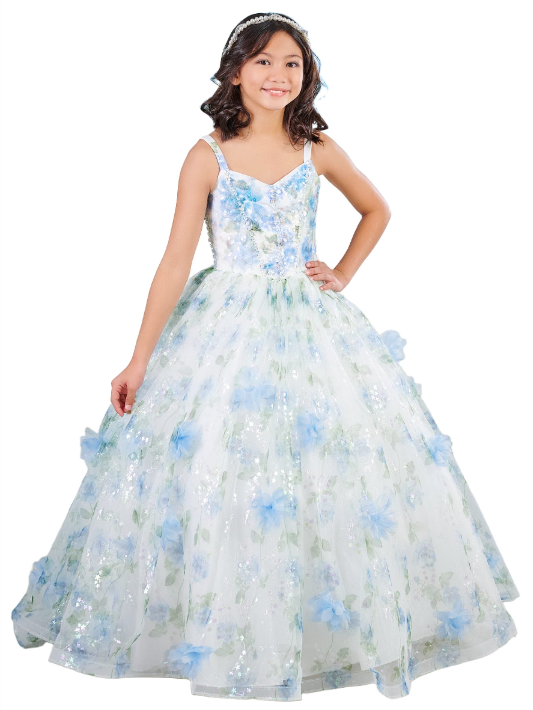 House of Wu 80007MQ Size 6 Blue Girls Mini Quince Dress 3D Floral Meta Glass Slipper Formals House of Wu 80007MQ Size 6 Blue Girls Mini Quince Dress 3D Floral Meta Glass Slipper Formals