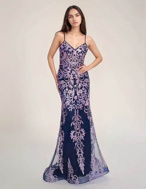 Nina Canacci 1575 Navy/Lilac Fit and Flair Prom Dress V Neckline Spaghetti Straps