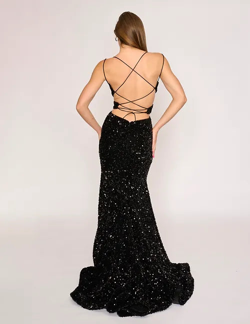 Nina Canacci 1579 Black Sequin Mermaid Prom Dress Cut Out Corset V Neckline