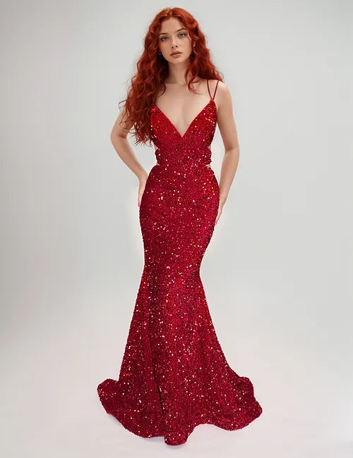 red maxi sequin dress Nina Canacci 1579 Long Sequin Mermaid Prom Dress Cut Out Corset V Neckline 8 / Black