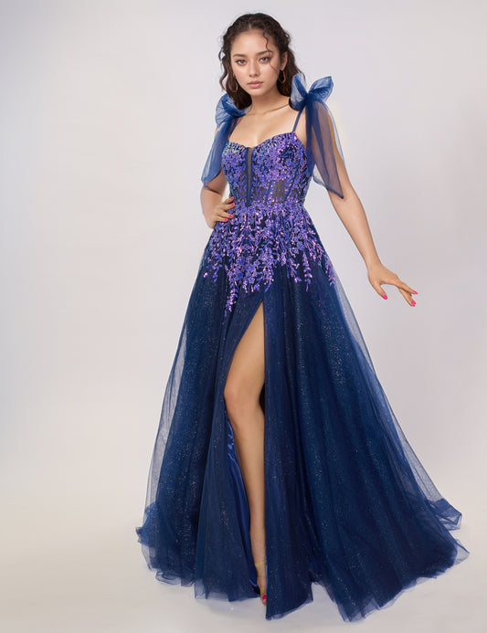 Nina Canacci 3269 Navy Bow A Line Prom Dress Sheer Sequin Ballgown Formal Maxi Slit Gown