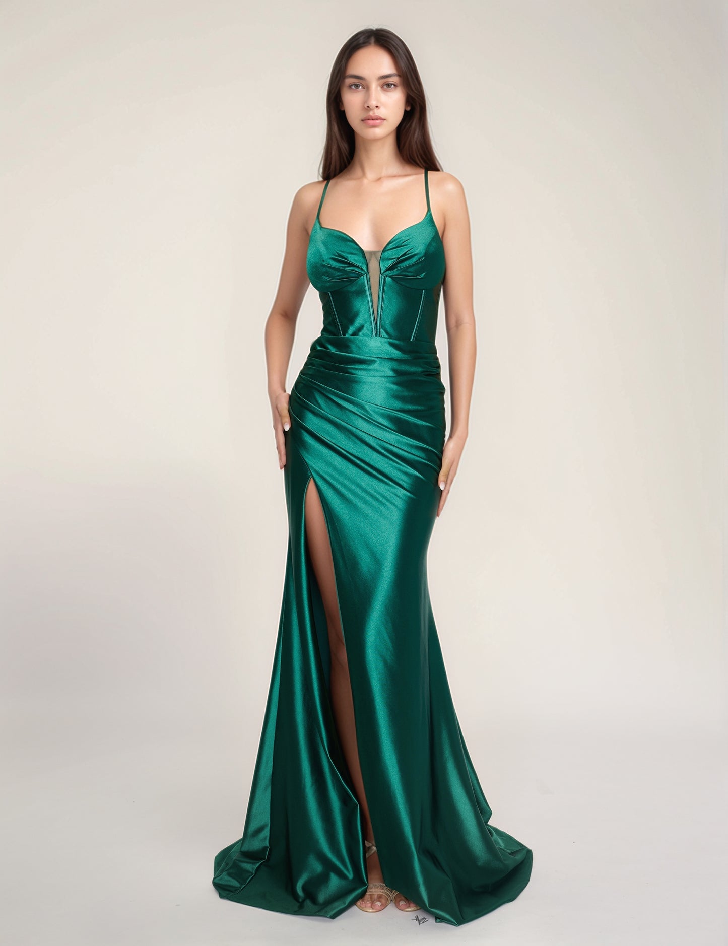 Nina Canacci 4435 size 2 Simple Green Satin Prom Dress V Neckline Cutout back fit and flare slit corset