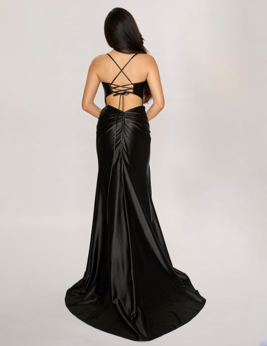 Nina Canacci 4435 size 4 Simple Black Satin Prom Dress V Neckline Cutout back fit and flare slit corset