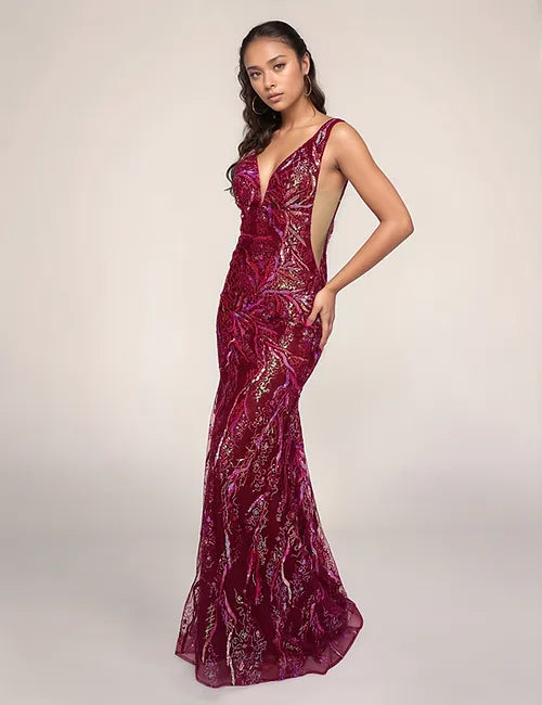 Nina Canacci 6628 Plunging Neckline Prom Dress Sheer Panels Fit and Flare Sequin Formal Gown