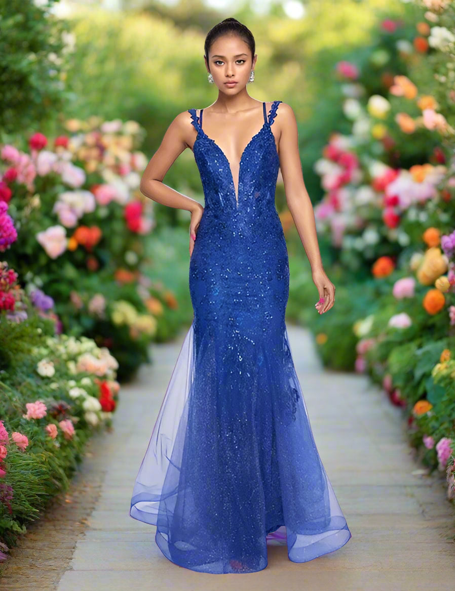 Nina Canacci 7600 Size 6, 10 Steel Blue Prom Dress Mermaid Lace Plunging V Neckline Corset Lace Straps