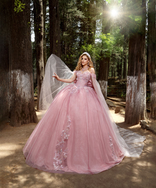 Nina Canacci Q117 Blush/Burgundy Quinceneara Dress Cape Sleeves Off the Shoulder 3D Flowers Glitter Tulle