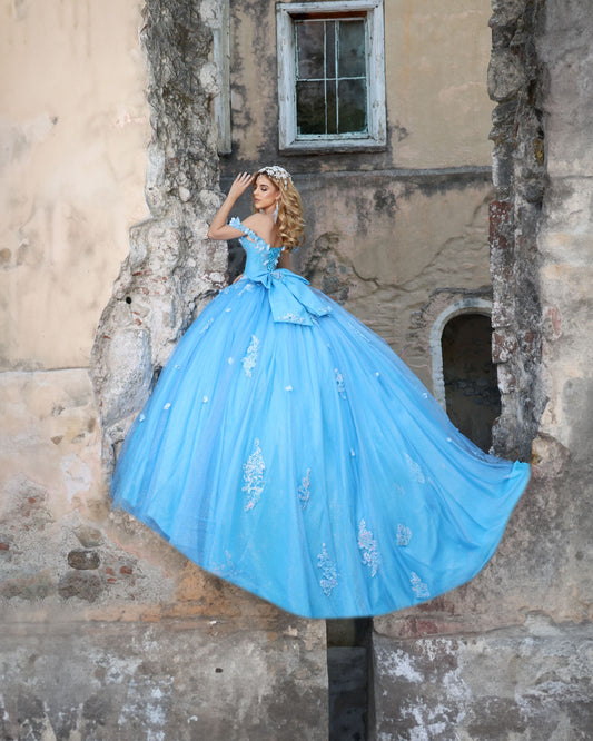 Nina Canacci Q120 Tiffany Blue Quinceanera Dress Off the Shoulder 3D Floral Corset Bow