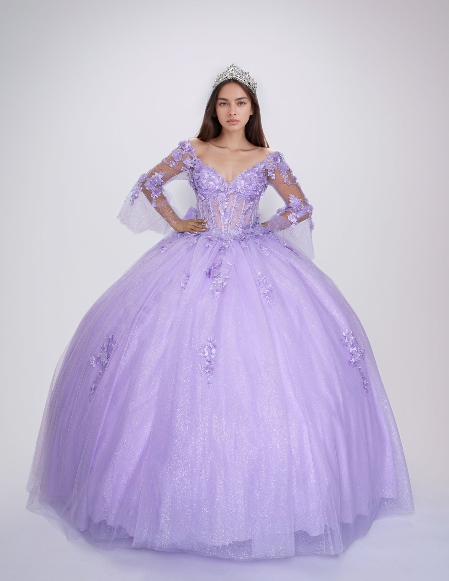 Nina Canacci Q132 Lilac Quinceneara Dress Off the Shoulder Bell 4/5 Sleeve 3D Floral Sheer Corset Glitter Tulle