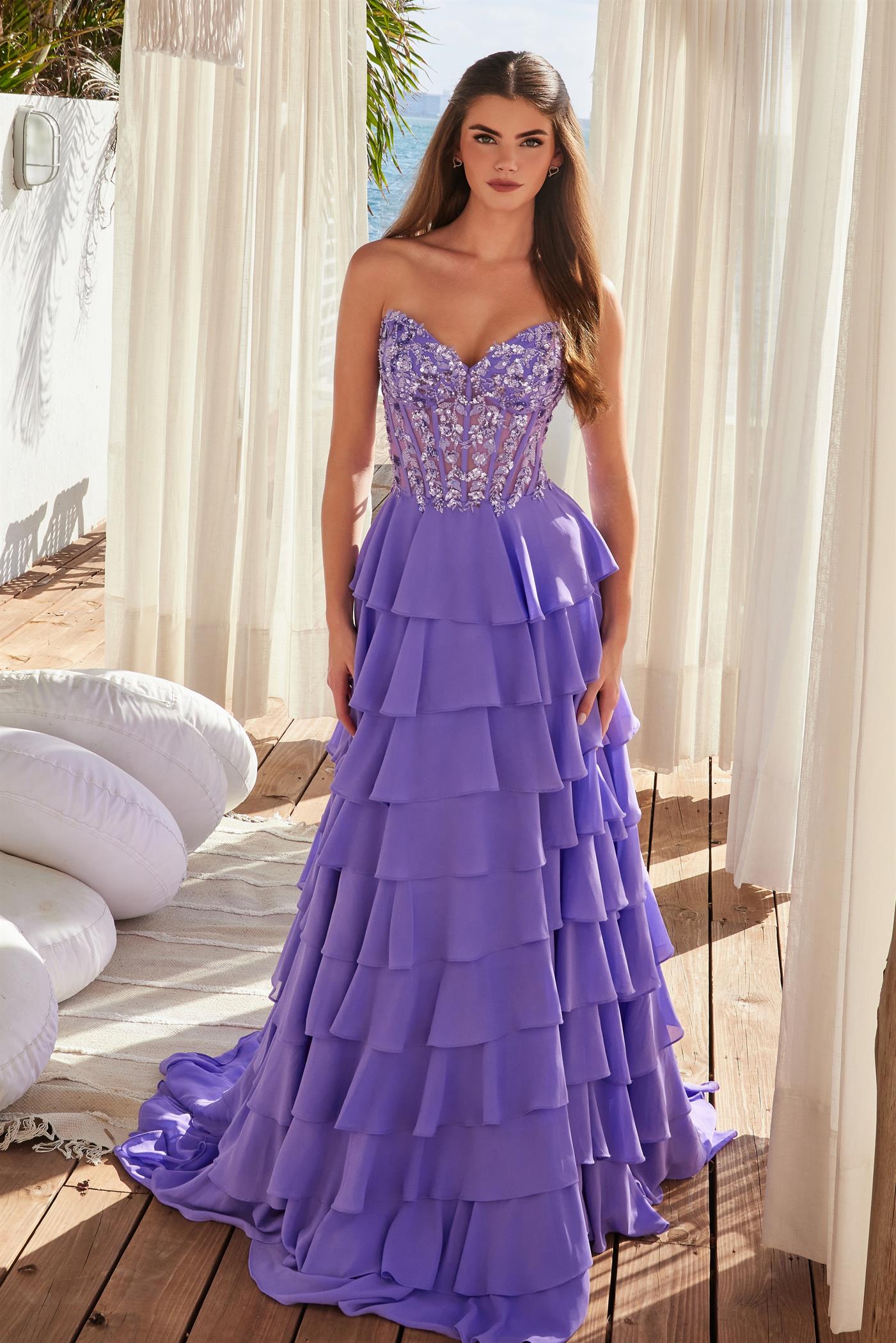 Nox Anabel Y1551 Ruffle Slit Sheer Corset Prom Dress Lavender