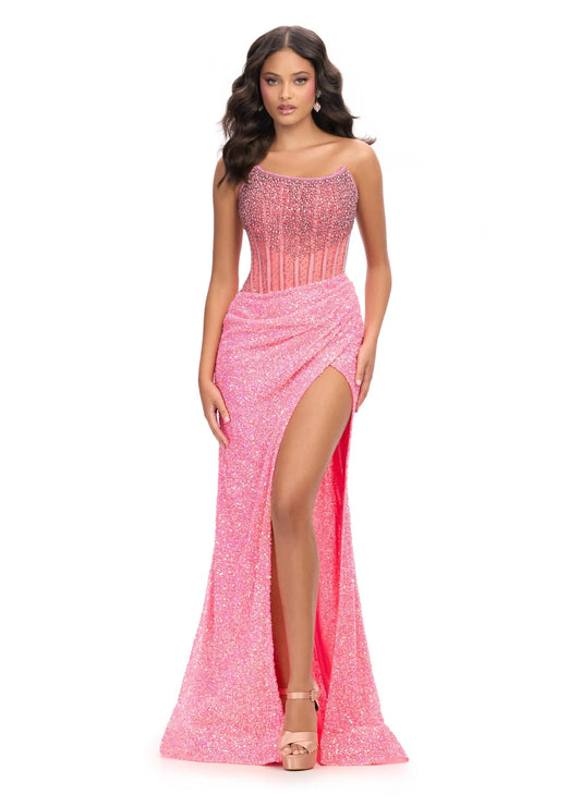 Ashley Lauren 11238 Sheer Corset Crystal Sequin Dress Prom Gown strapless Formal Wrap Ashley Lauren 11238 Feel like a celebrity in this jaw-dropping strapless dress. This fitted evening gown has stunning crystal beadwork on the bodice and is paired with a decadent fully beaded wrap skirt.