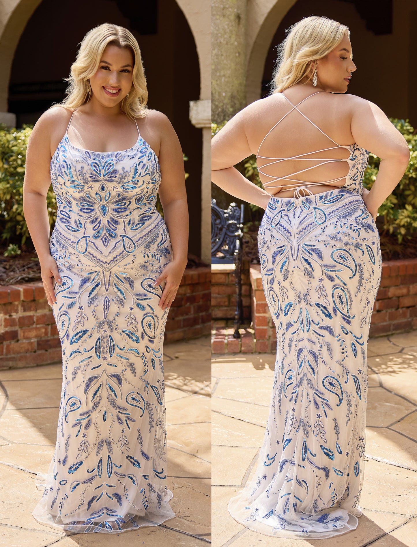 Primavera Couture 14102 Ivory/Blue Curvy Prom Dress Beaded Plus Sized Lace Up Back Corset