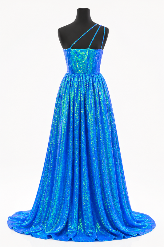Marc Defang 8068 Size 6 Blue Sequin One Shoulder Ballgown Formal Dress Pageant Prom Gown Iridescent Sequin Triple straps Gown
Available Size: 6
Available Color: Blue